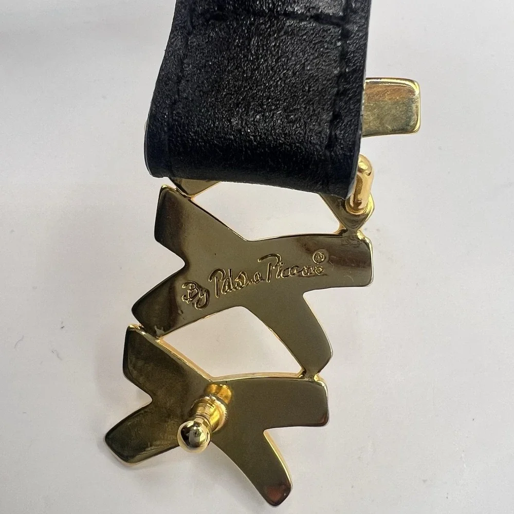 VTG Paloma Picasso Black Leather Belt Triple XXX Gold Tone Buckle S/70 Italy